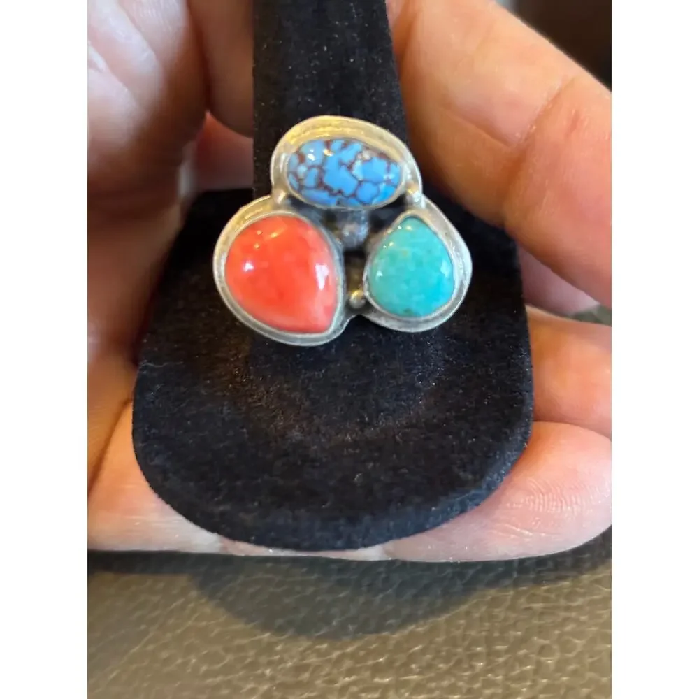 Three stone Turquoise & REd Coral Ring in Sterling Silver